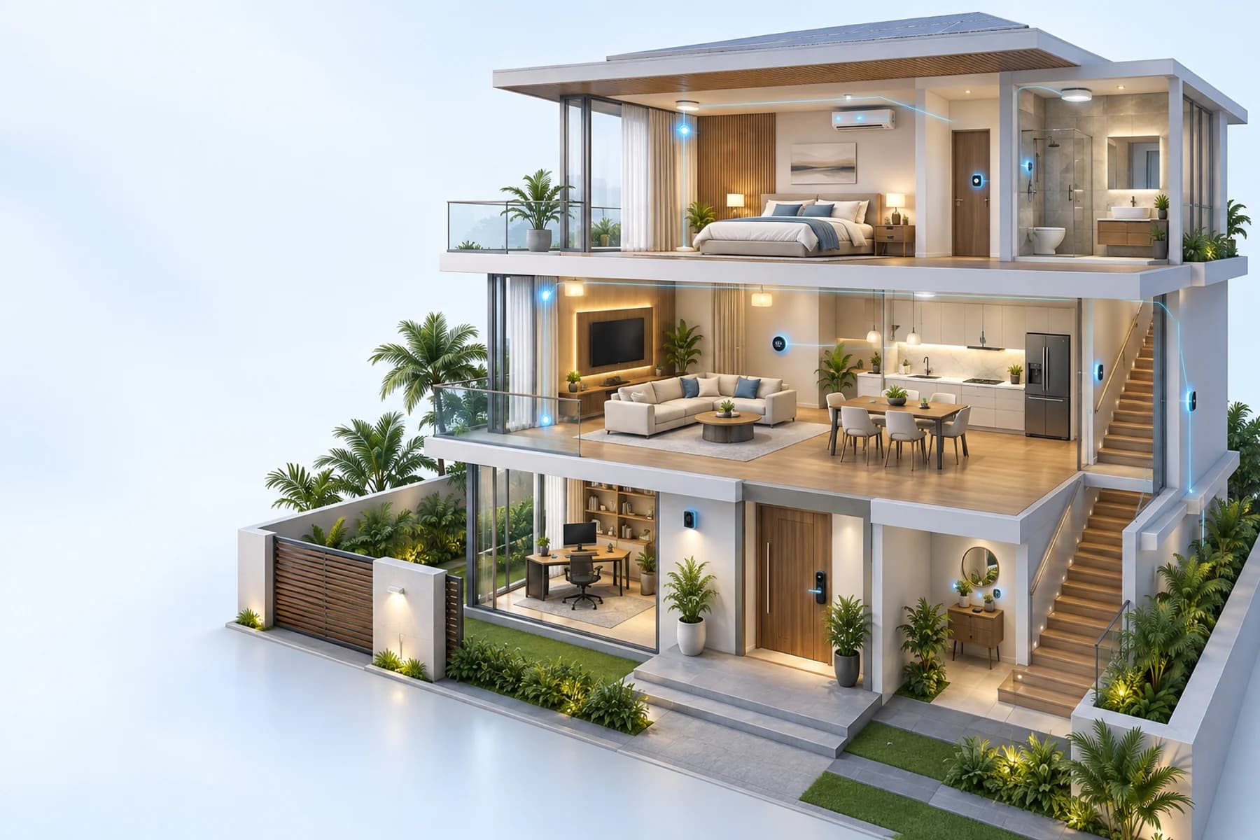 Three-level modern smart home with connected lighting, security, climate and access