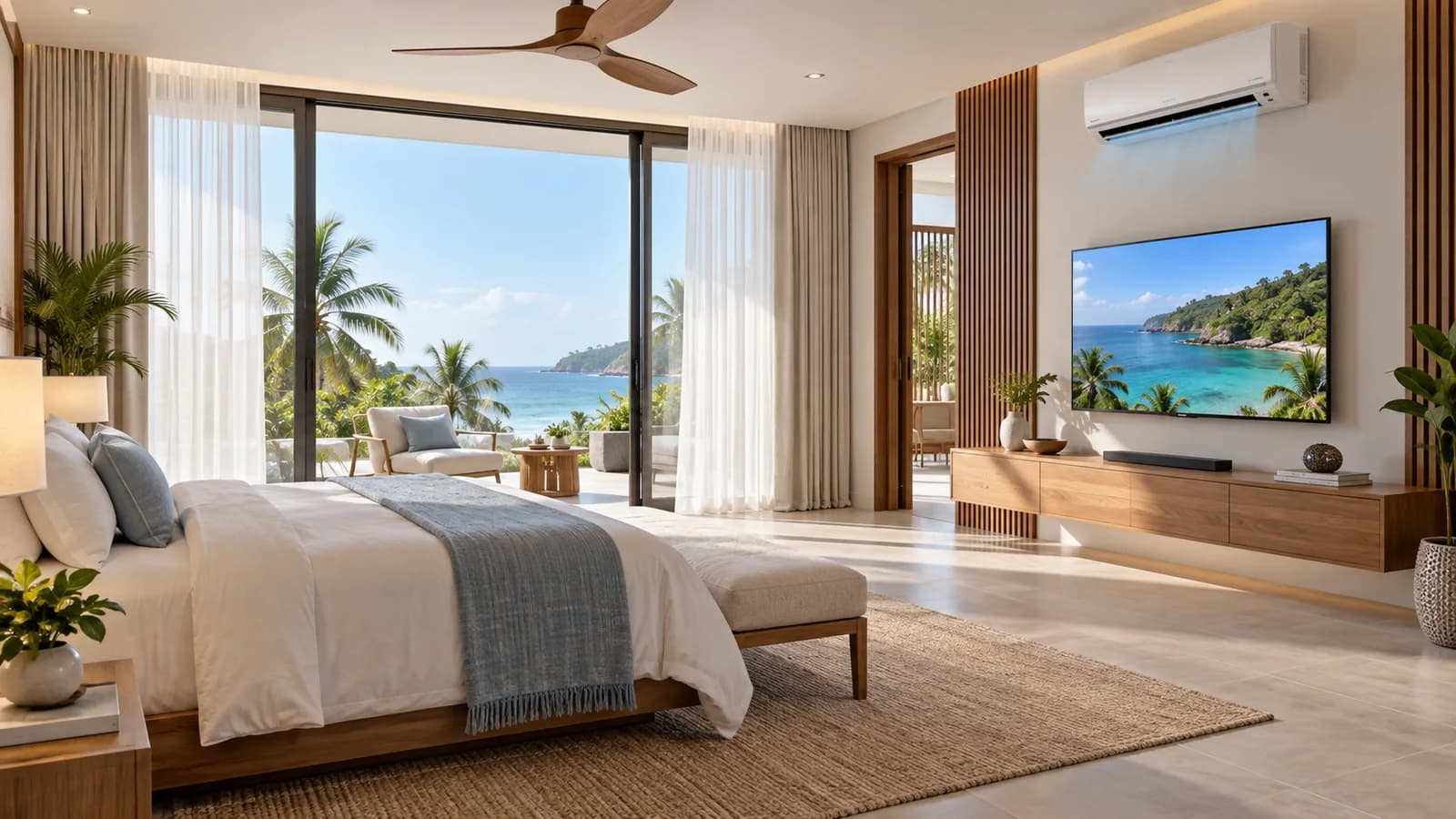 Automated air conditioning, curtains and entertainment equipment in a bedroom