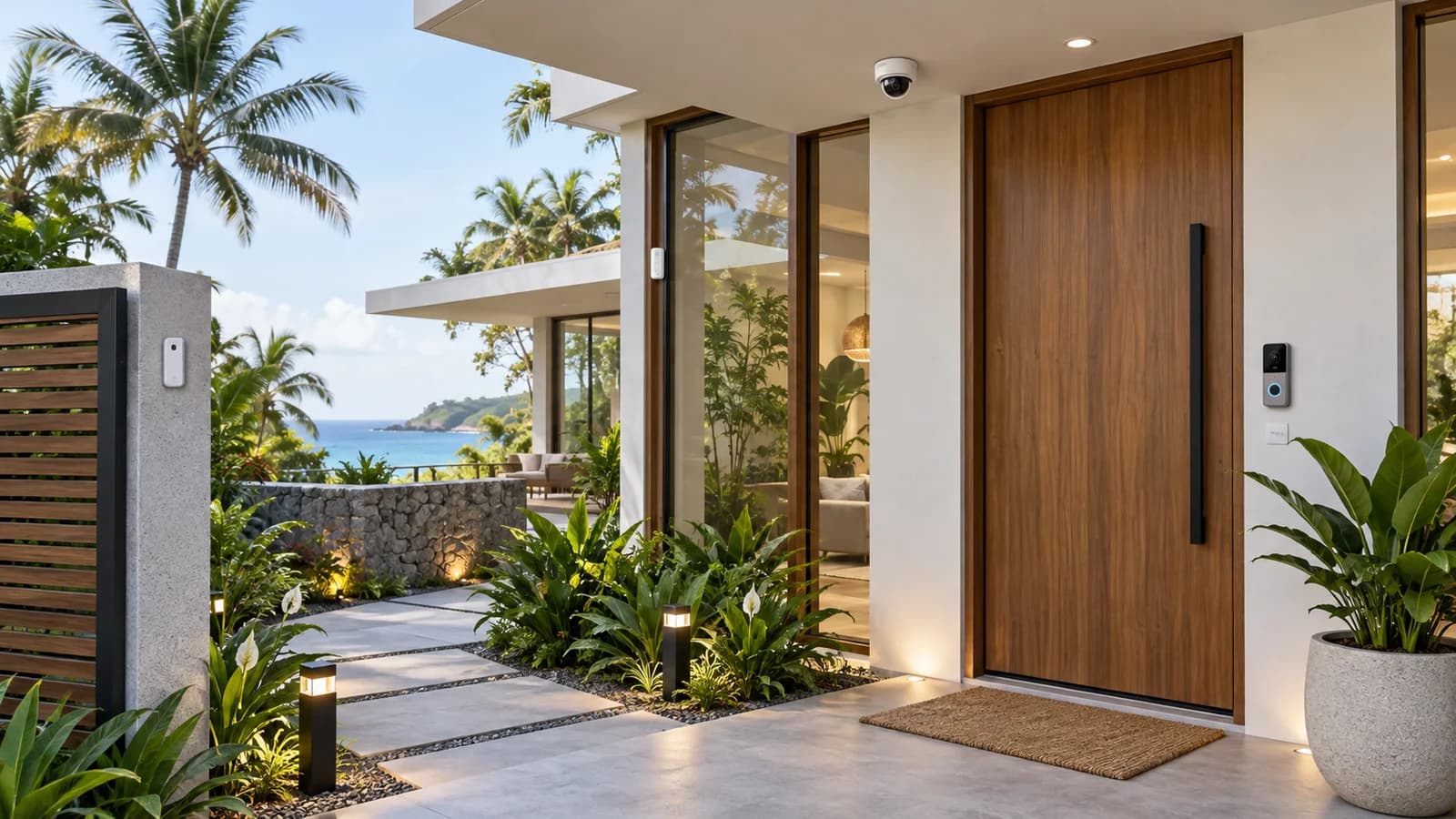 Modern home entrance protected by a security camera and video doorbell