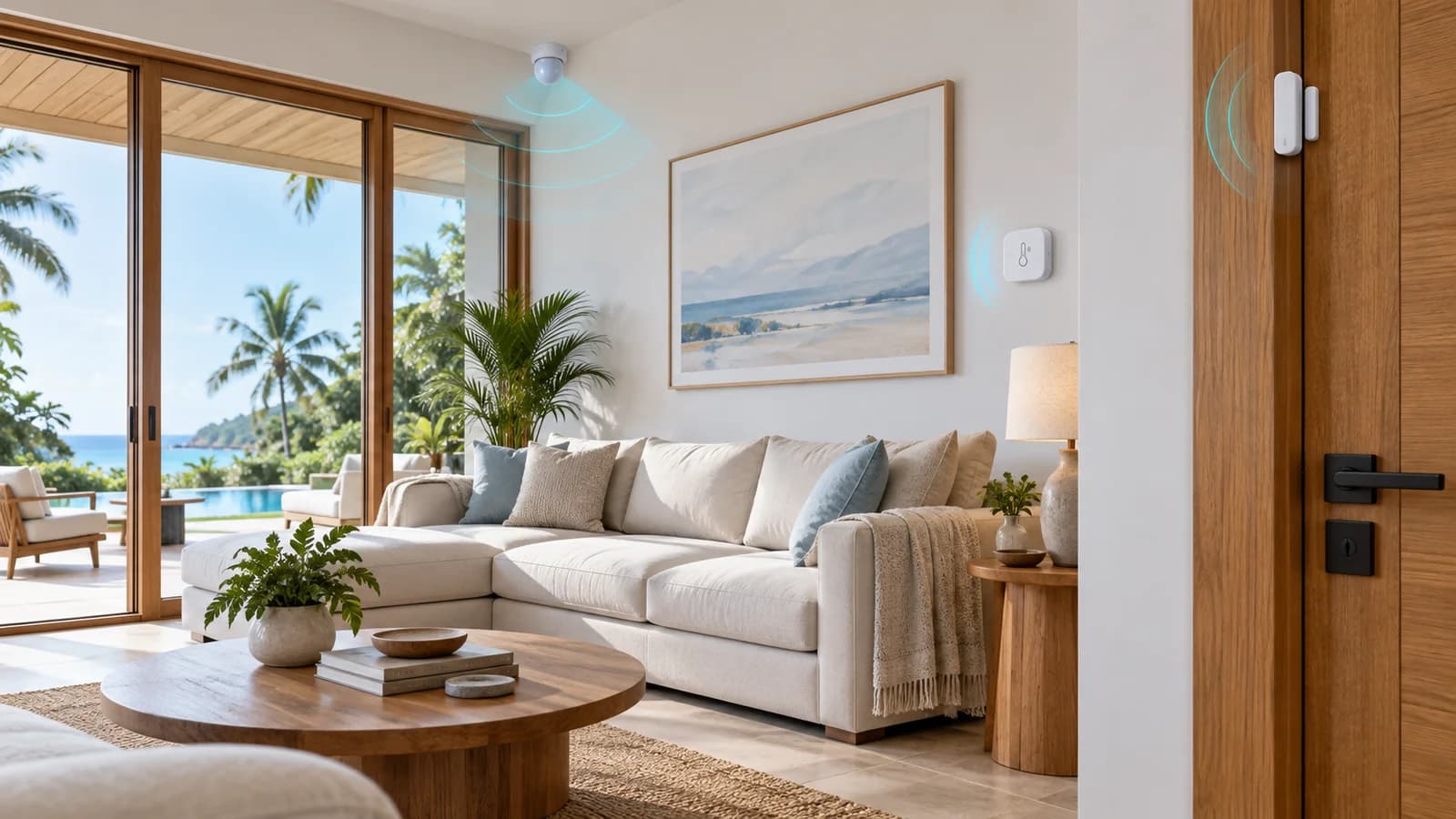 Motion, door and temperature sensors monitoring a bright modern room