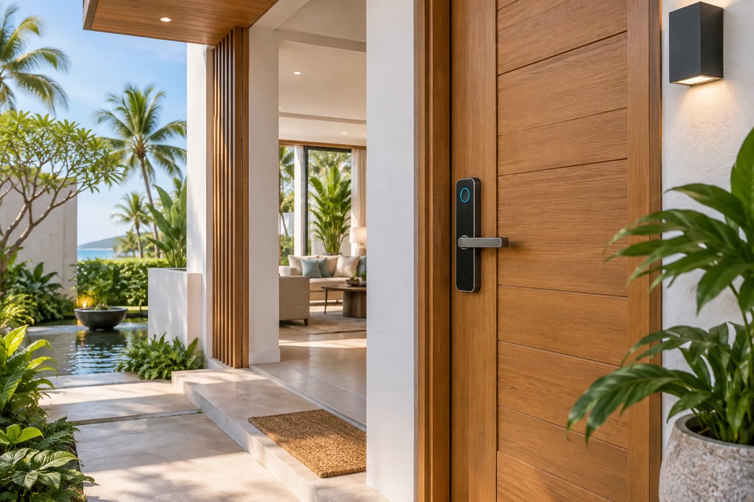 Fingerprint smart lock installed on a modern timber entrance door