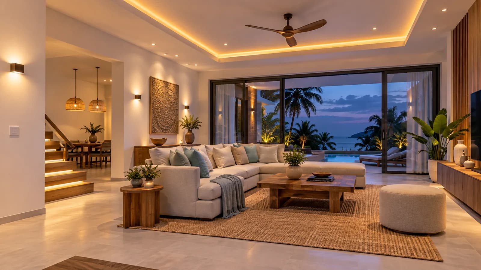 Modern living room with layered automated smart lighting