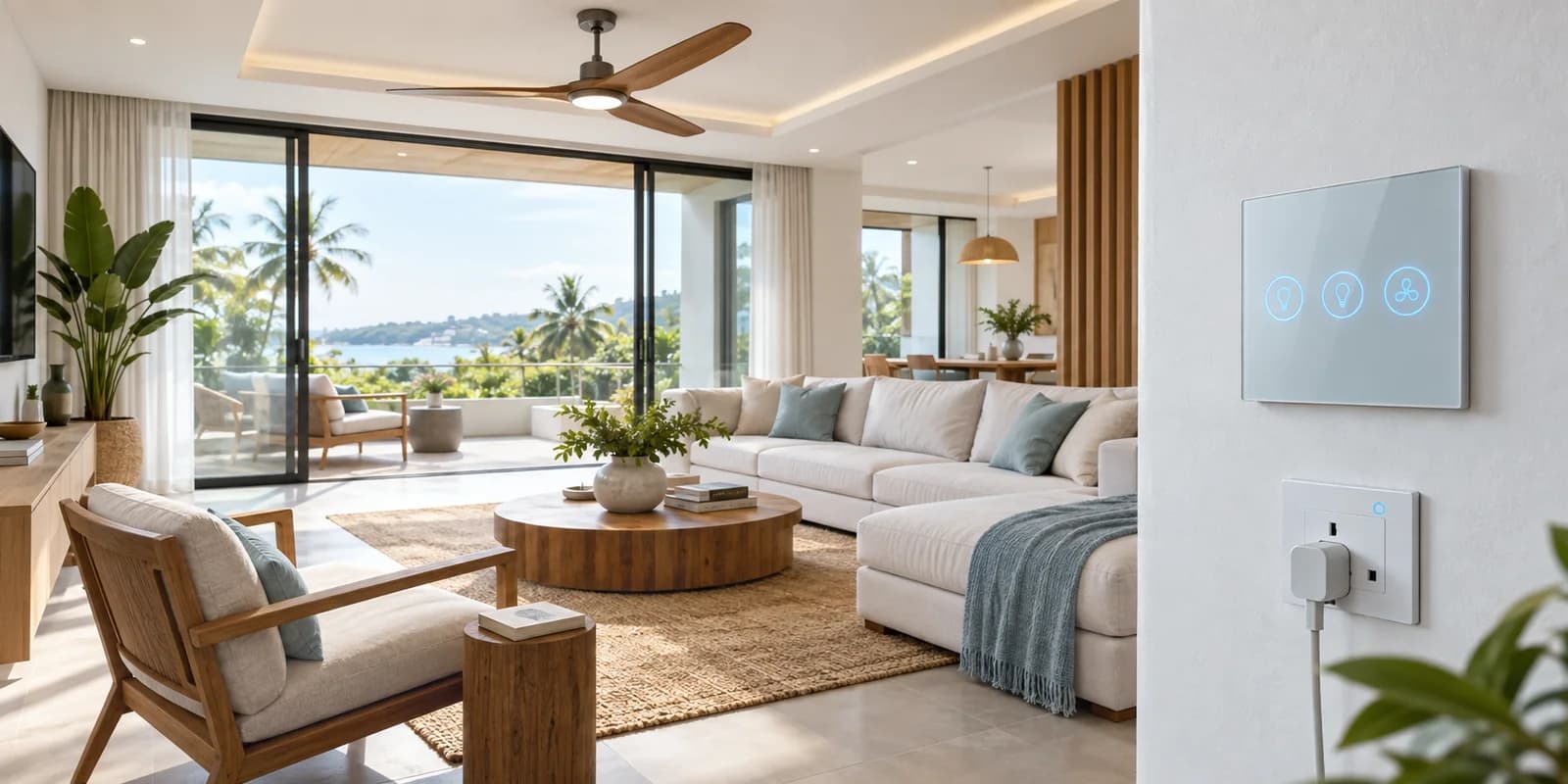 Installed smart wall switch and connected socket in a modern living room