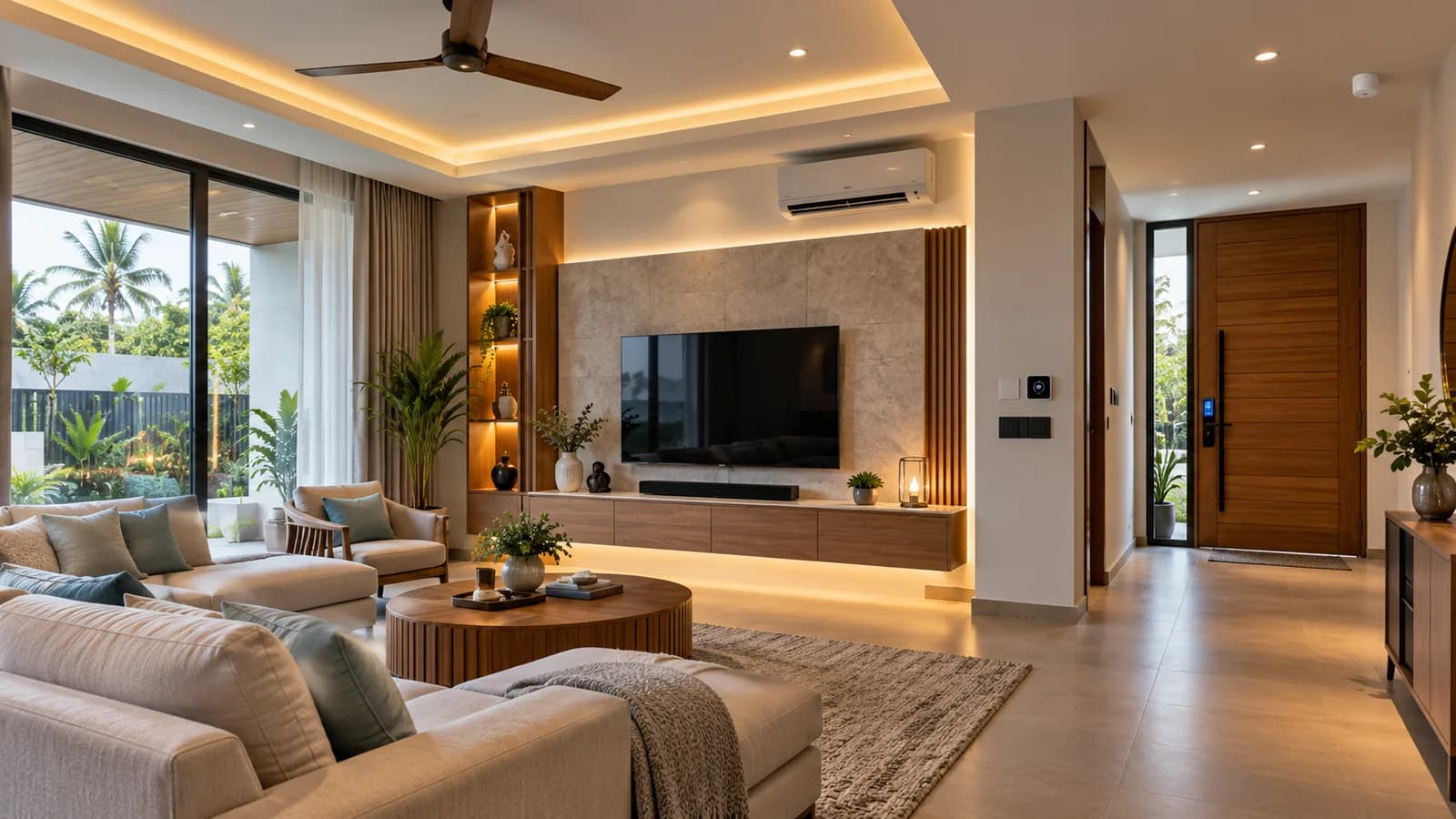 A real modern living room with automated lighting, climate control and smart entry access